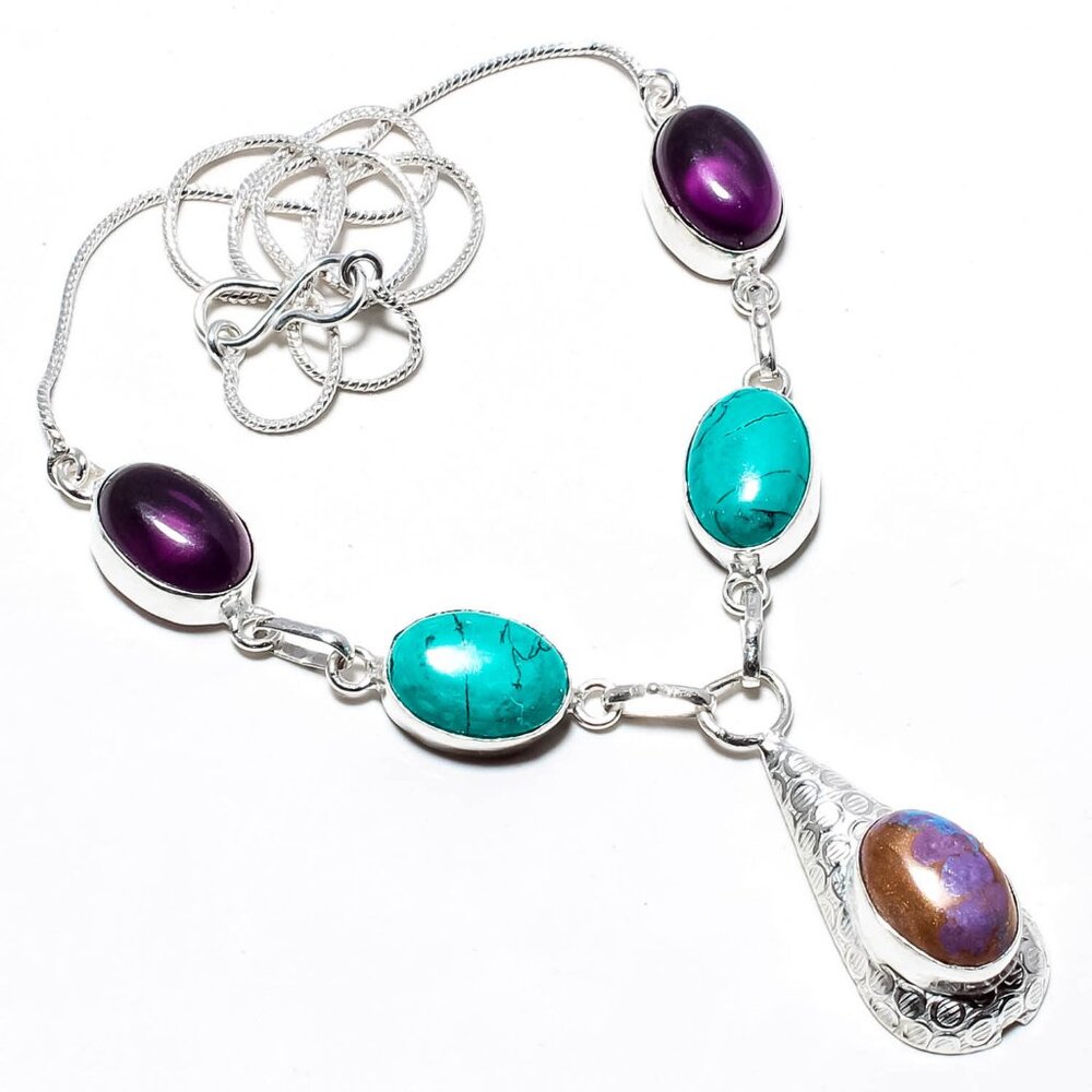 Vintage Womens Turquoise, Amethyst & Jasper Necklace 925 Sterling Silver